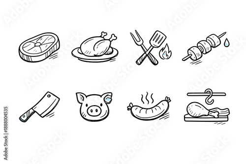Hand-drawn icons representing various meat products and barbecue elements