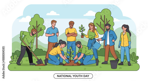 A group of diverse young people planting trees and caring for the environment on National Youth Day, promoting community and ecological awareness.