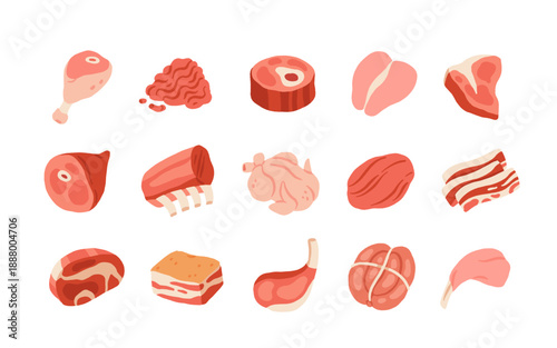 Cartoon meat. Fresh meat products. Culinary, grocery raw pork, beef steaks, chicken, turkey, sausage, bacon, pork belly, ham, poultry, ribs. Meat market vector set
