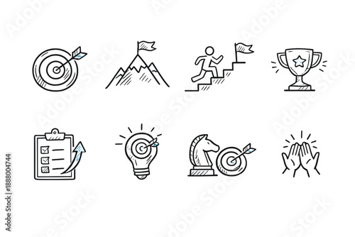Set of business success and achievement icons with a hand-drawn doodle style