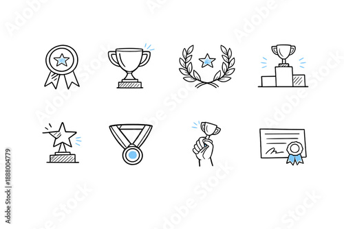 Collection of hand-drawn icons representing awards, trophies, and achievements
