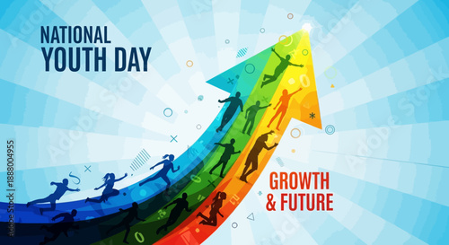 A vibrant illustration for National Youth Day, showing diverse youth silhouettes ascending a colorful growth arrow towards a bright future.