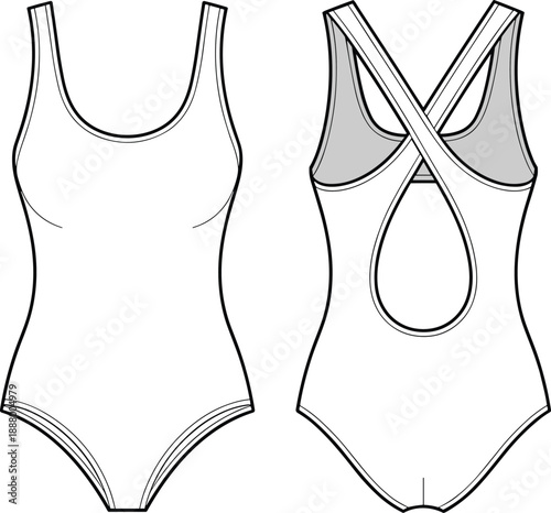 Women one piece swimsuit fashion technical illustration, cross back swimwear design, front and back views, minimal outline vector drawing