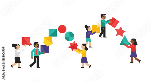 Conceptual illustration of collaborative teamwork and integration pathways, building corporate strategy or complex systems optimization.