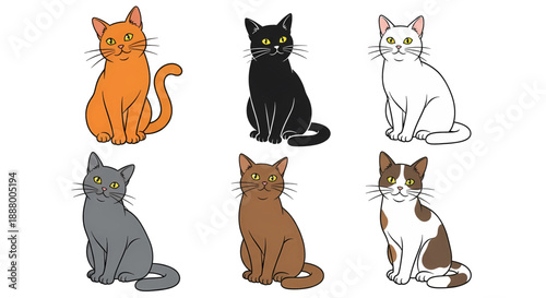 Colorful cats sitting in row formation.