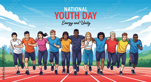 Diverse group of young people running on a track celebrating National Youth Day with energy and unity.