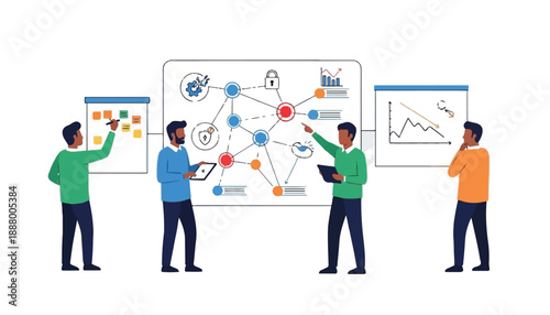 Four diverse business professionals collaborate on data analysis, project planning, and strategic development using interactive digital displays and whiteboards in a modern office setting.