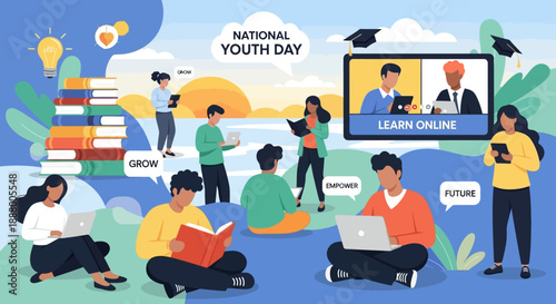 Youth Day celebration with diverse young people learning through books, laptops, and online education, symbolizing growth, empowerment, and a bright future.