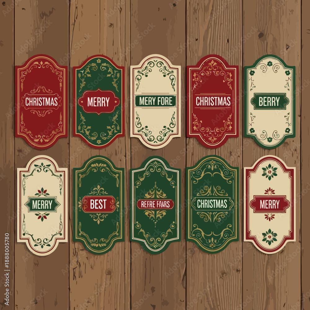 Naklejka premium a set of 10 vintage-style, decorative, holiday, Christmas, merry, best, and happy new year labels on wooden background