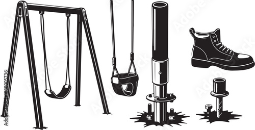 Black and white illustration of playground equipment and objects