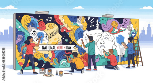 Young people collaboratively paint a vibrant mural celebrating National Youth Day with abstract designs and musical notes in an urban setting.