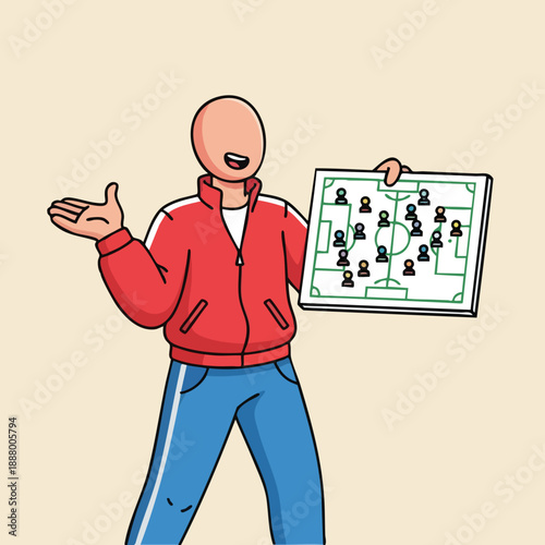A coach explaining a football strategy diagram with players and formations on a whiteboard illustrating game tactics and team positioning for a match