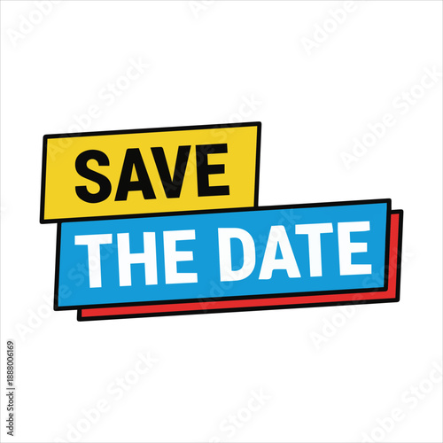 Colorful comic style save the date announcement with bold lettering and borders