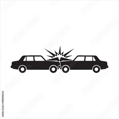 A black and white illustration depicts a head on car collision with impact sparks