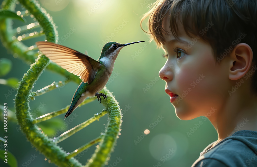 Fototapeta premium Young boy looks at hummingbird perched on DNA helix. Child and bird gaze at genetic helix strand in forest. Science meets nature, wonder and magic.