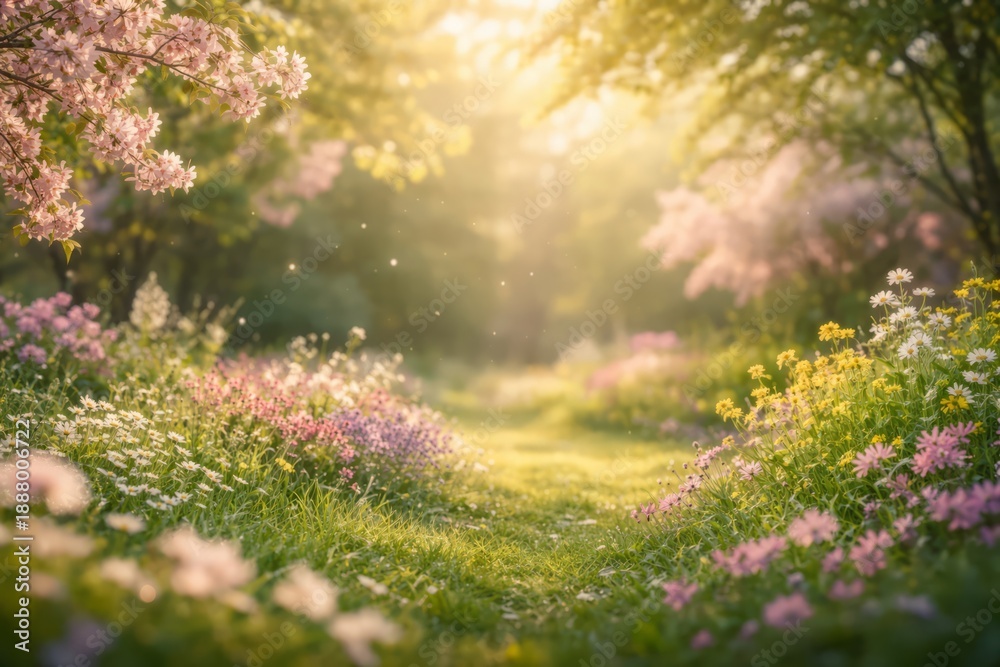 Obraz premium Dreamy Spring Flower Meadow with Sunlit Path