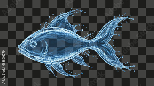 Water Fish Liquid Shape Splashing Movement Digital Rendered Object Clear Blue Color Isolated Transparency