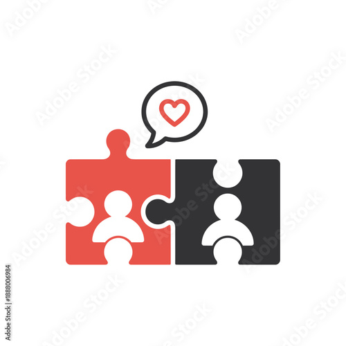 Jigsaw Puzzle Pieces with Human Figures and Heart Speech Bubble Icon representing Relationship Compatibility, Teamwork, and Love