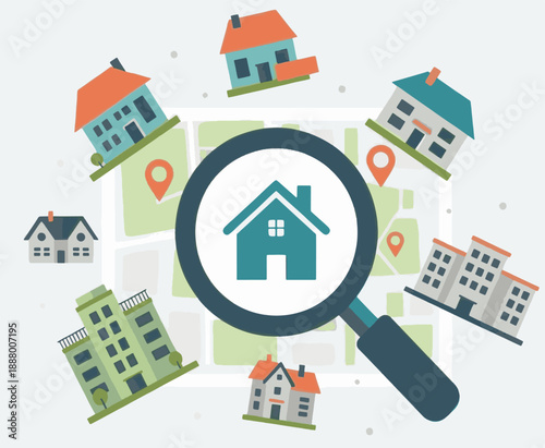 Real Estate Search Concept with Magnifying Glass and House Icons on Map Background