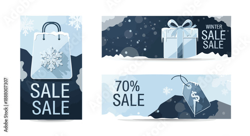 Winter shopping promotions featuring sale bags gifts and price tags with snowflake motifs in a cool color palette