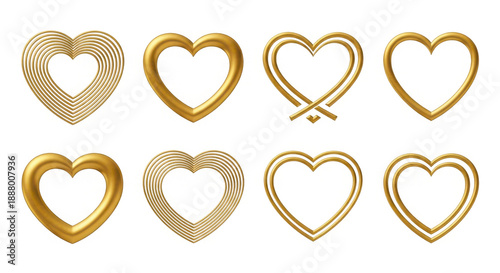 A collection of eight golden hearts in various styles creating a romantic aesthetic on transparent background