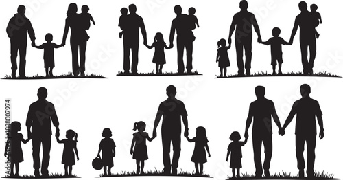 Silhouettes of happy families with parents and children together