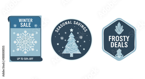 Winter sale and seasonal savings promotional badges with snowflake and christmas tree elements for retail marketing campaigns