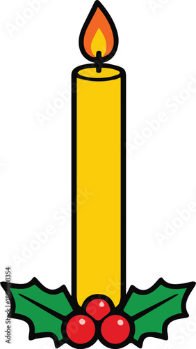 Christmas candle with cherry fuits flat vector icon illustration for sticker, logo, book, t-shirt design and more decorations