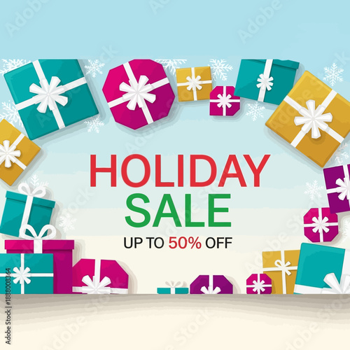 Vibrant holiday sale banner with colorful gifts and snowflakes, perfect for festive promotions and discounts up to 50% off.