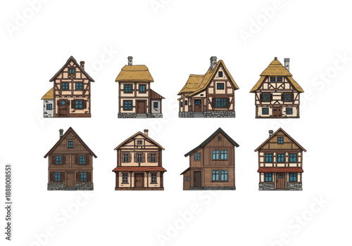 Medieval house set with timber framed cottages and thatched roof village buildings in flat cartoon style