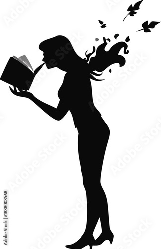 Silhouette Of A Woman Smelling The Pages Of A New Book