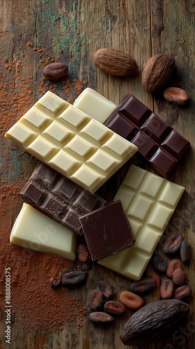 Photo of various types of chocolate, including white chocolate bars, dark chocolate squares, and milk chocolate pieces, on a rustic wooden surface.