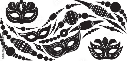 Mardi Gras Masks and Beads in Black and White
