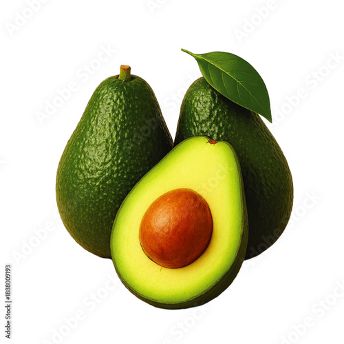 High-quality image of ripe avocados, whole and halved, showcasing vibrant green flesh and brown seed, perfect for healthy eating and nutrition content.