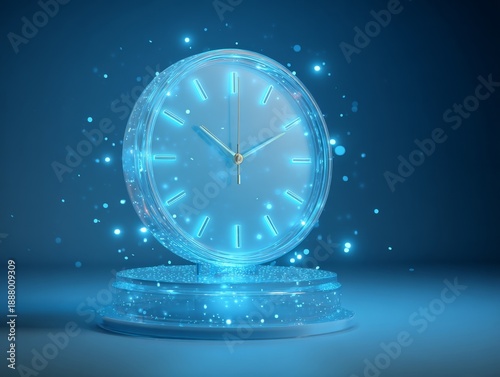 Glowing blue clock on pedestal with sparkling particles around it