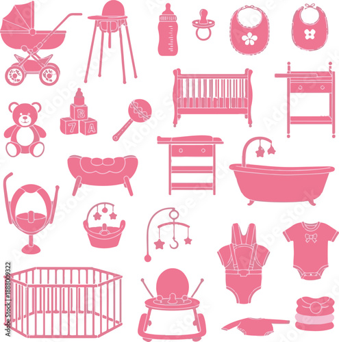 Pink baby items silhouette icon set for nursery or kids room decor