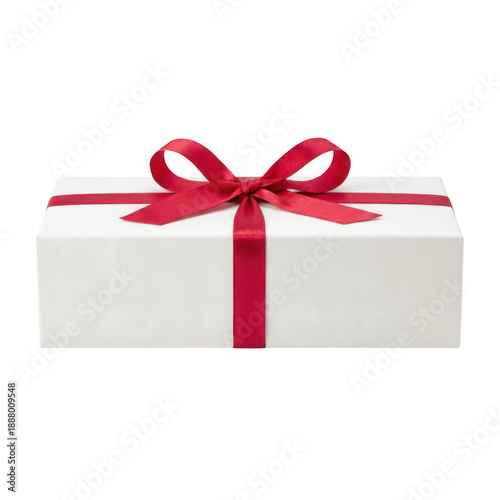 A beautifully wrapped white gift box adorned with a vibrant red ribbon on transparent background