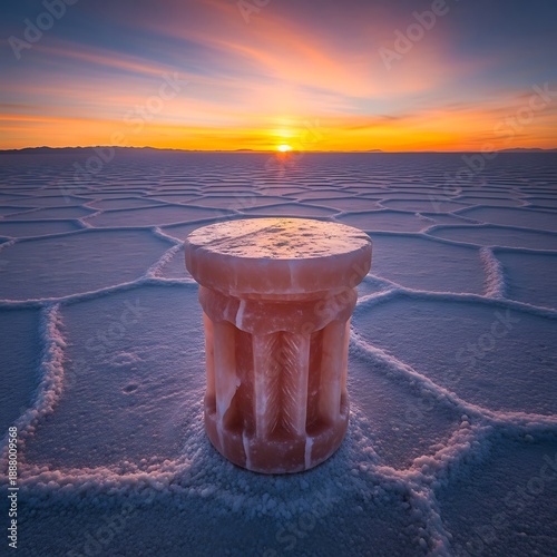 Unique salt sculpture in bolivian salt flats during sunset, magical scenics