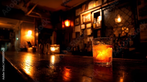 Cozy atmosphere inside a bar featuring a glass of cocktail with an orange slice