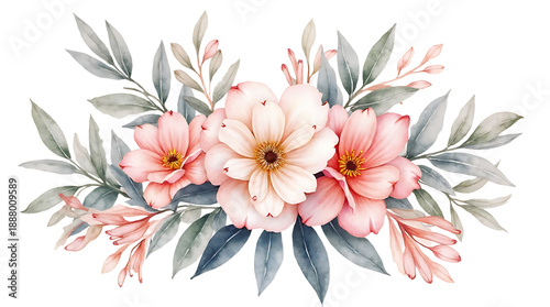 Watercolor Floral Arrangement with Pink White Hibiscus Flowers and Green Leaves