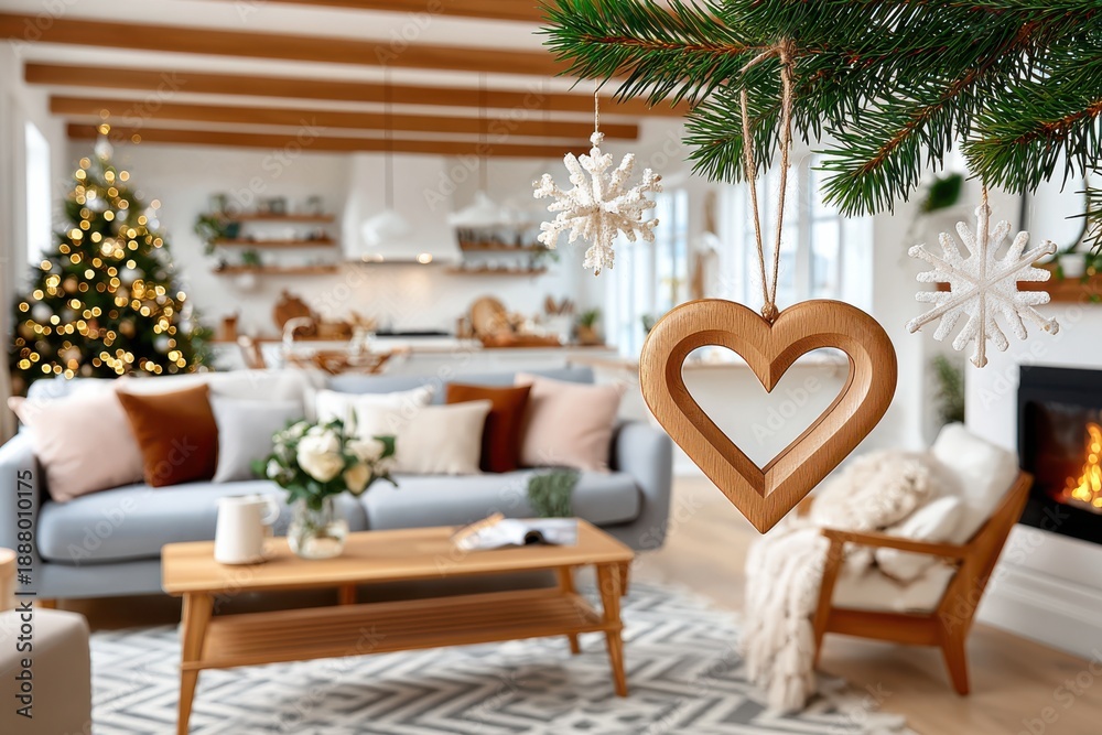 Obraz premium Cozy Christmas living room scene with hanging heart ornament, snowflakes, and warm fireplace glow