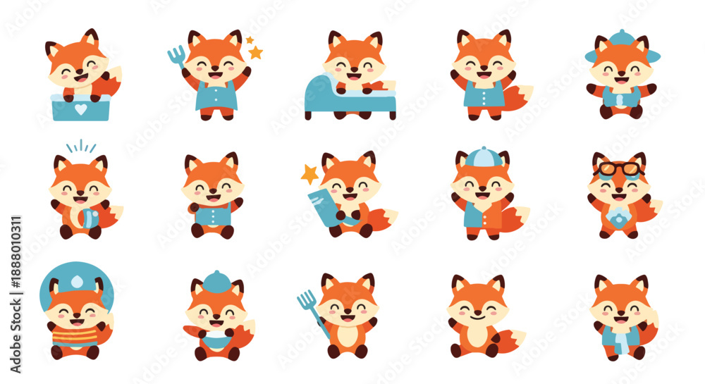 Fototapeta premium Cute Fox Cartoon Character Set Vector
