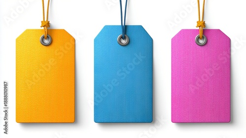3D Colorful Tags Isolated on White Background, price tags hanging row with vibrant red, blue, green, pink, purple, orange shades creating cheerful and modern sale display on the white background.