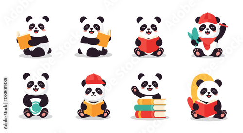 Set of Cute Cartoon Pandas Reading and Working