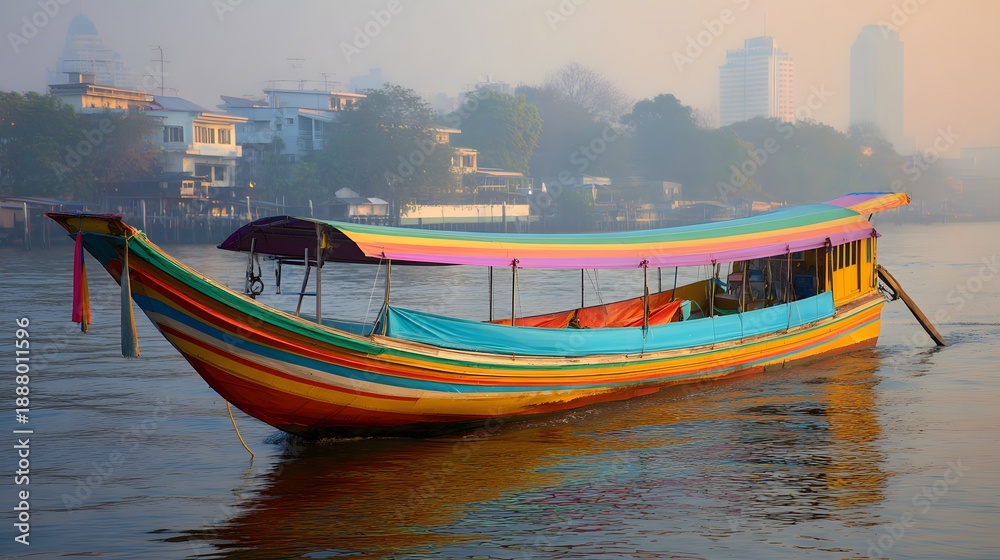 Fototapeta premium A colorful traditional longtail boat gracefully gliding on the river at sunrise. The boat is empty, it has a beautiful design and vibrant colors, and the background has a touch of fog 