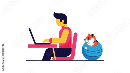 Illustration of Man Working on Laptop with Cat.