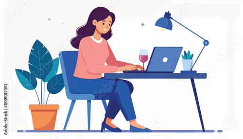 Woman Working on Laptop at Desk.