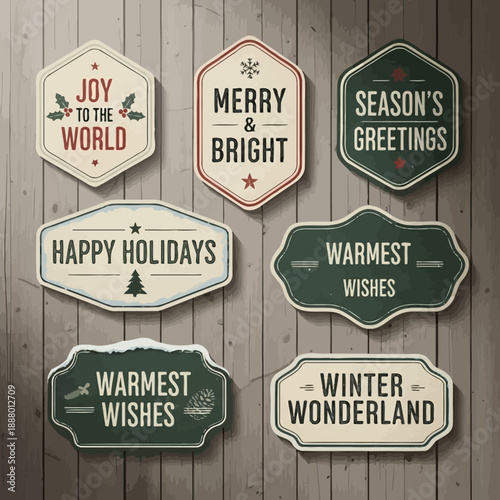 Vintage Christmas greeting labels with festive messages on wooden background, ideal for holiday cards and decorations.