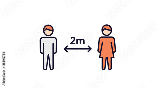 Social distancing sign showing a man and a woman standing two meters apart to maintain public health and safety.