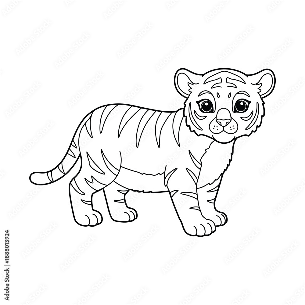 Obraz premium Simple line drawing of a cute tiger cub standing on white background